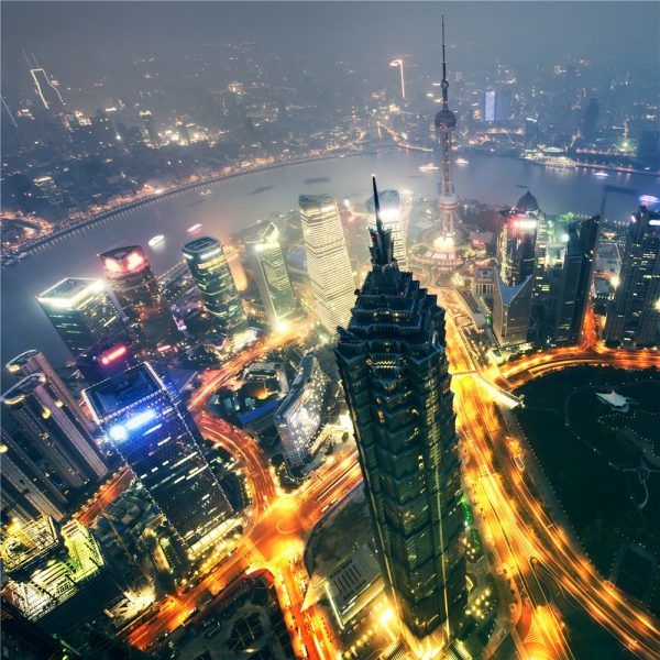 Shanghai City at sunset with light trails;